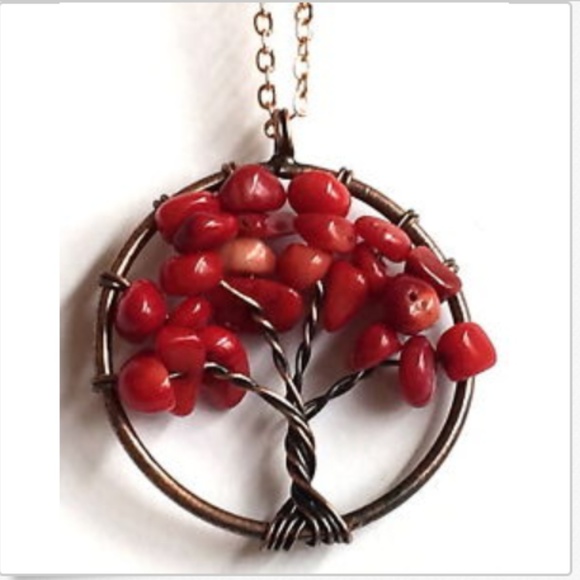 Red Coral Gemstone Chip Tree of Life Necklace 20" Celtic Rose Gold Copper Plated - Picture 7 of 8